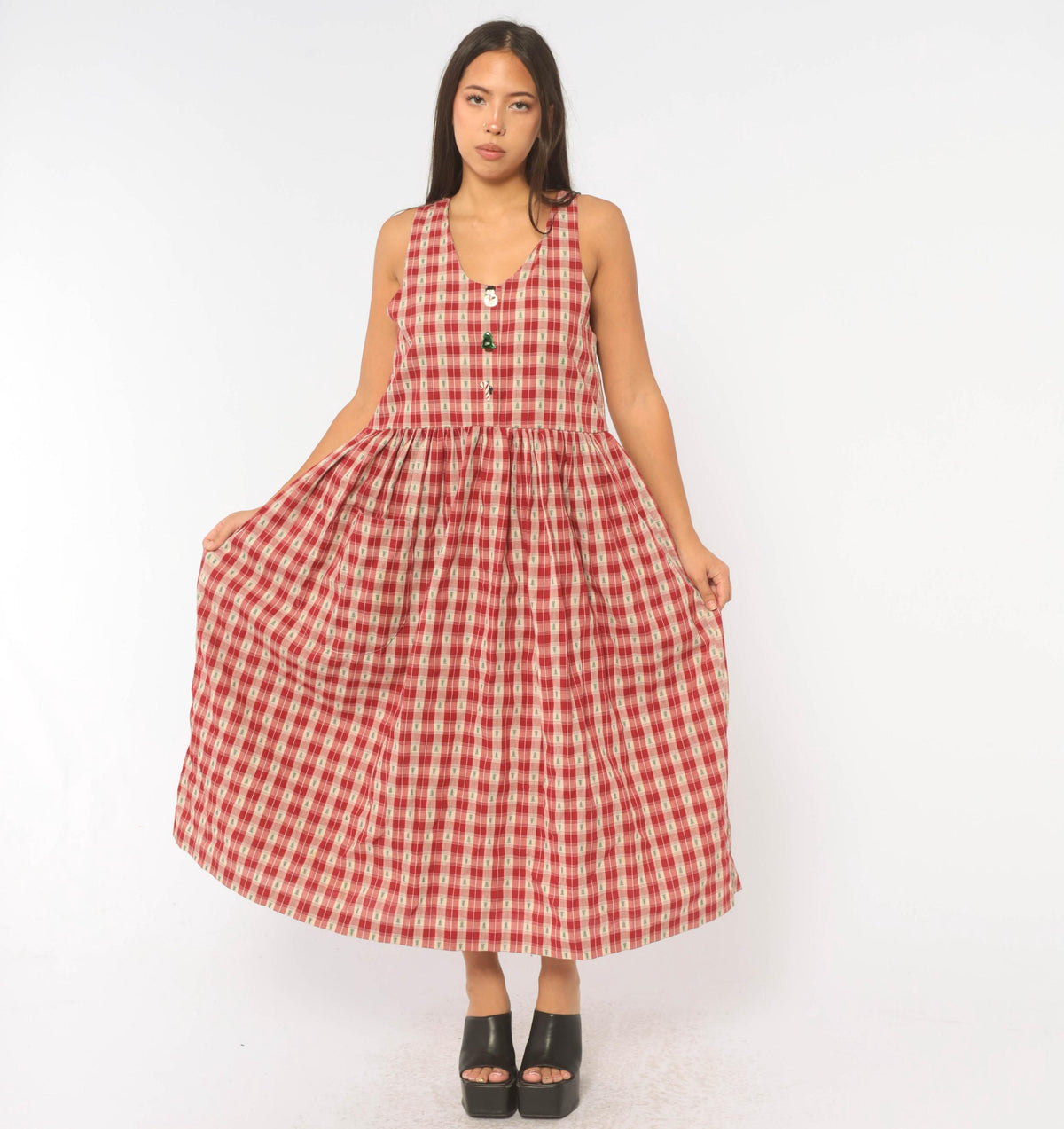80s USA Hearts and Stitches Christmas Plaid Midi Dress Cream Red Small