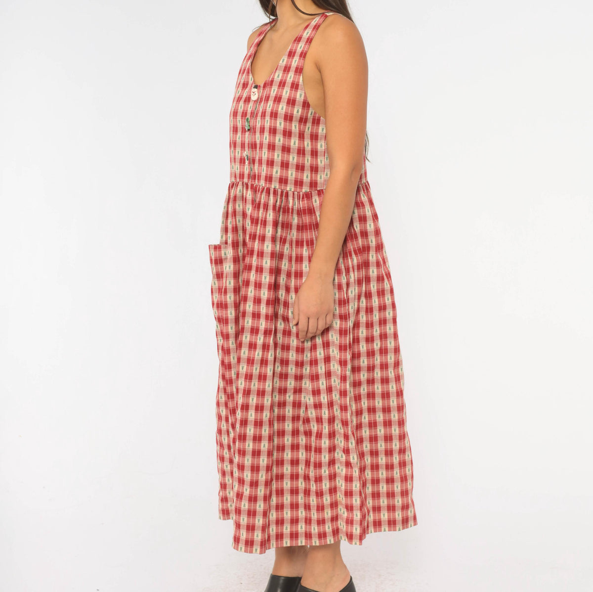 80s USA Hearts and Stitches Christmas Plaid Midi Dress Cream Red Small