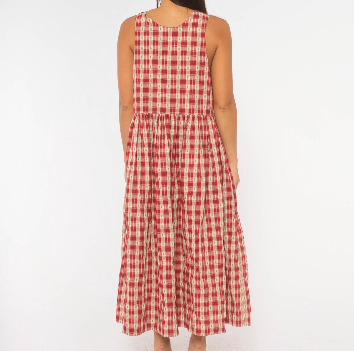 80s USA Hearts and Stitches Christmas Plaid Midi Dress Cream Red Small