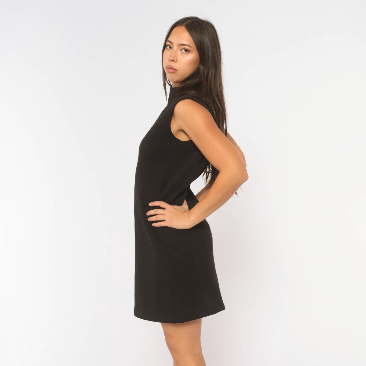 60s Black Wool Shift Dress Mock Neck A-Line Geometric Seam Bleeker Street Medium M