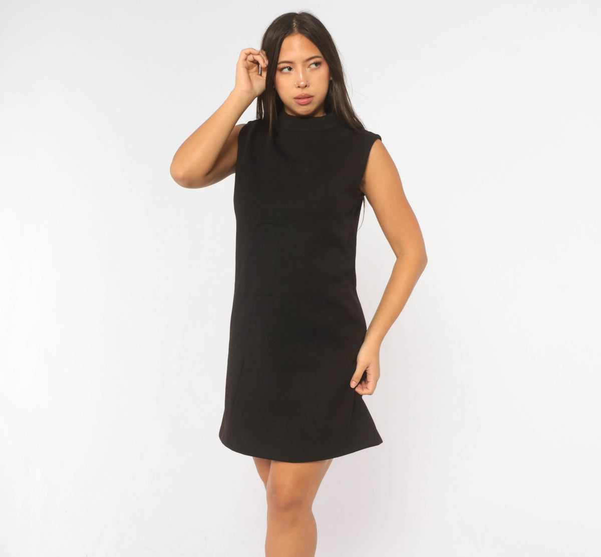 60s Black Wool Shift Dress Mock Neck A-Line Geometric Seam Bleeker Street Medium M