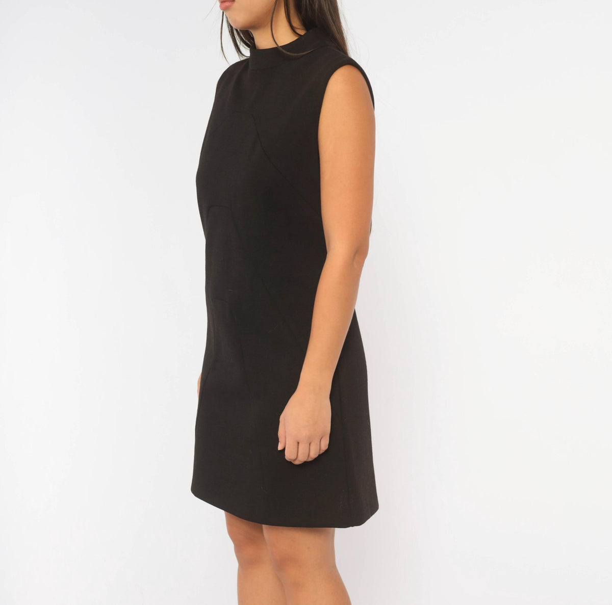 60s Black Wool Shift Dress Mock Neck A-Line Geometric Seam Bleeker Street Medium M