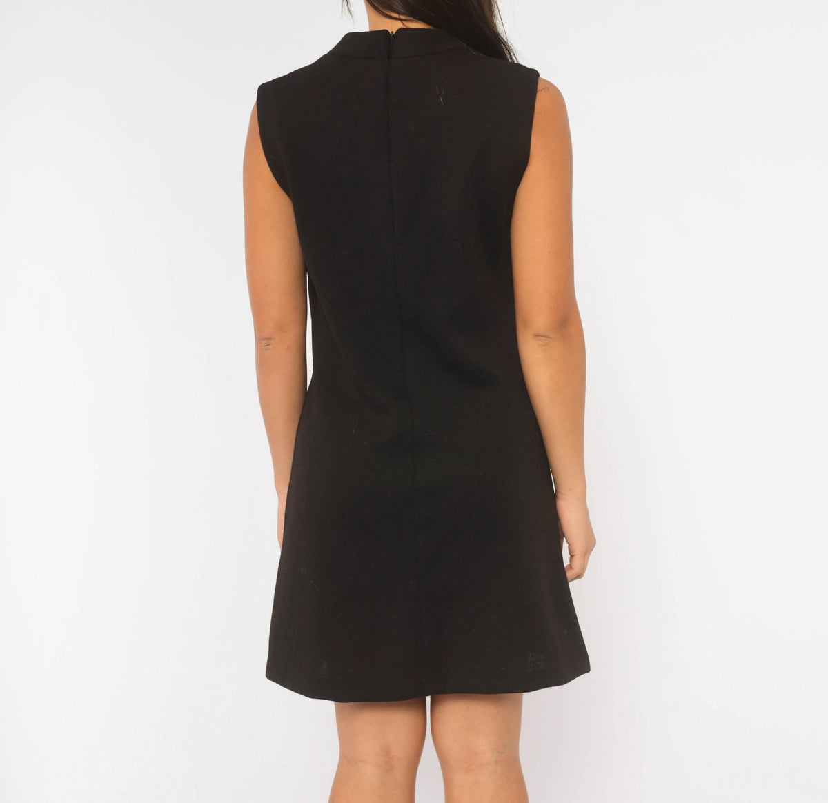 60s Black Wool Shift Dress Mock Neck A-Line Geometric Seam Bleeker Street Medium M