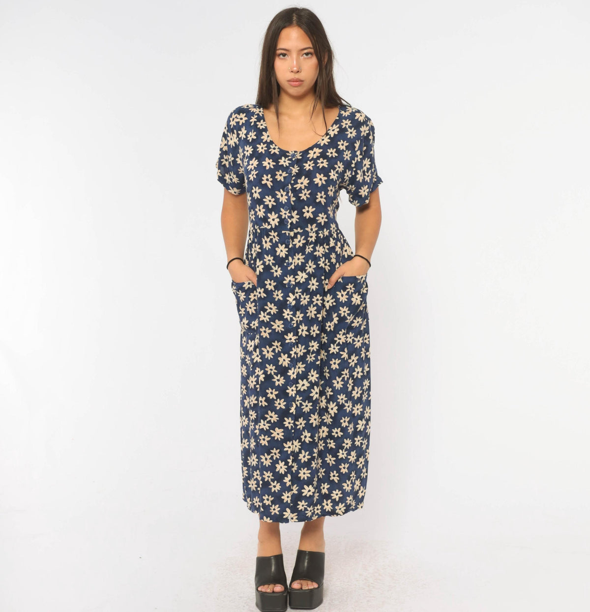 90s Erika & Co. Navy Daisy Midi Dress Cream Floral Button Front Medium M