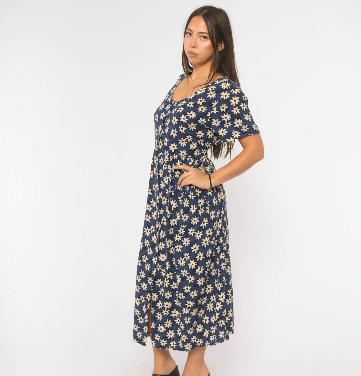 90s Erika & Co. Navy Daisy Midi Dress Cream Floral Button Front Medium M