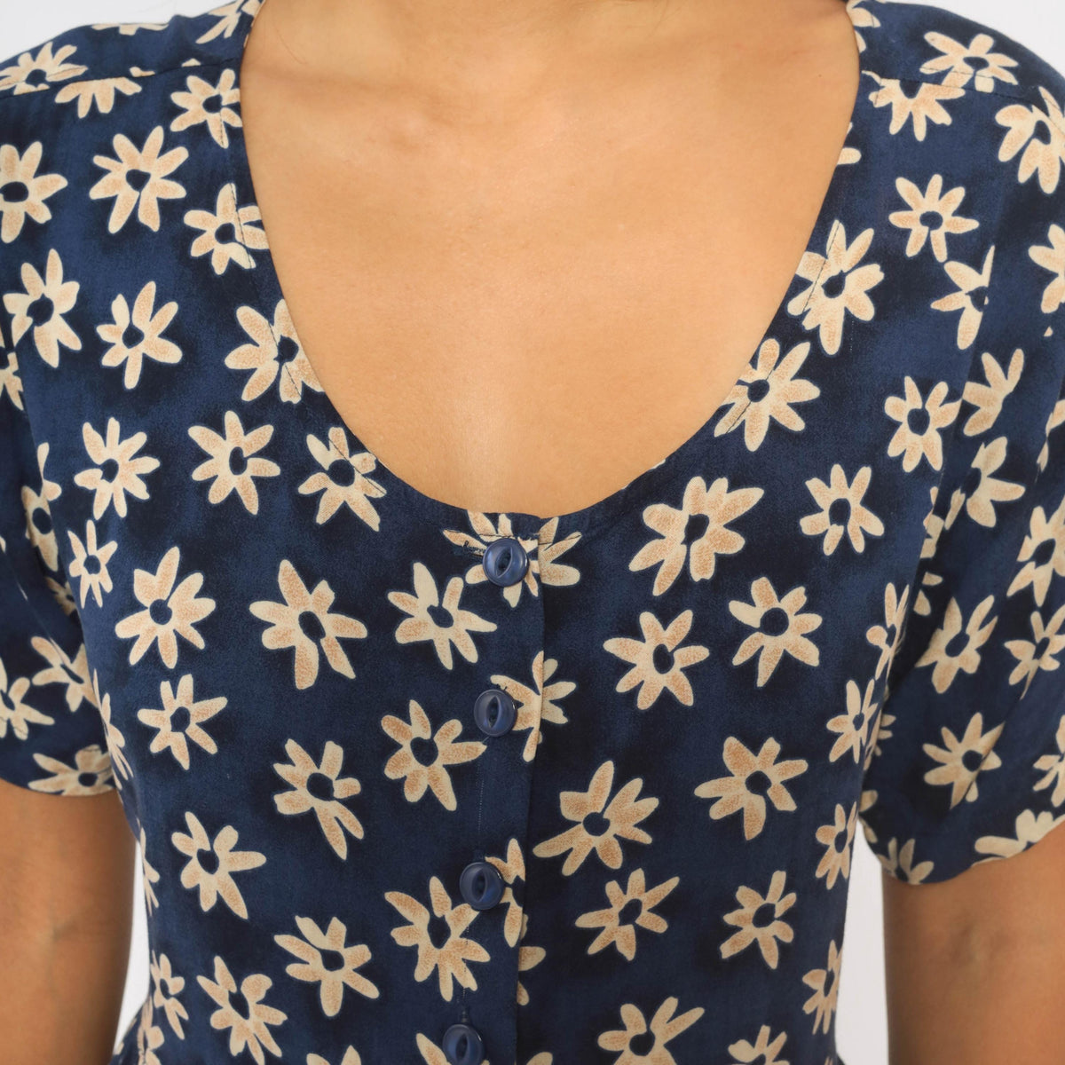 90s Erika & Co. Navy Daisy Midi Dress Cream Floral Button Front Medium M