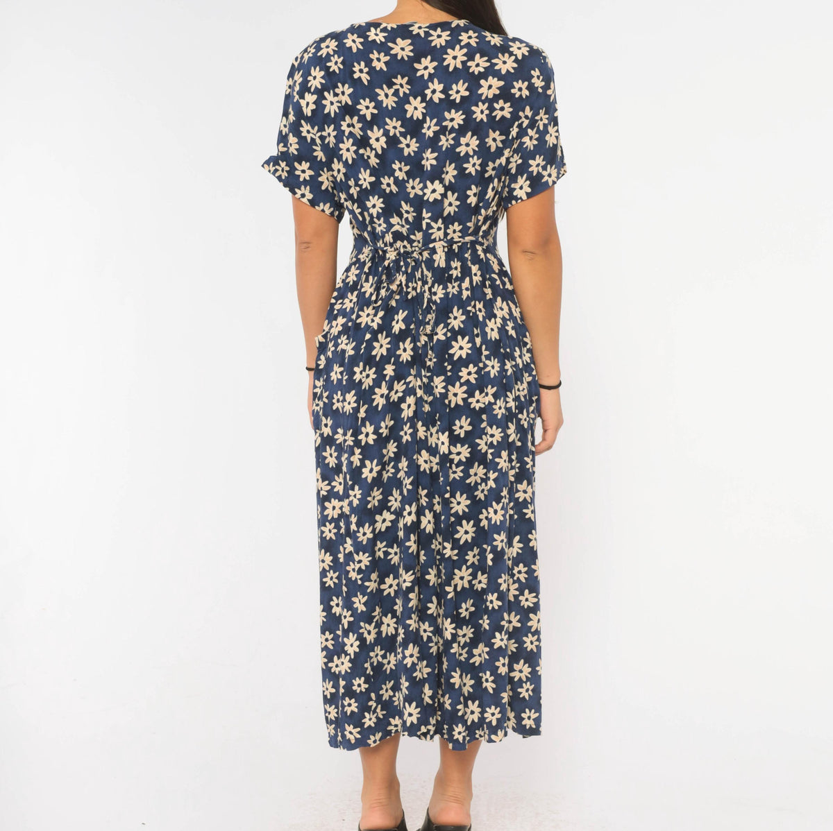 90s Erika & Co. Navy Daisy Midi Dress Cream Floral Button Front Medium M