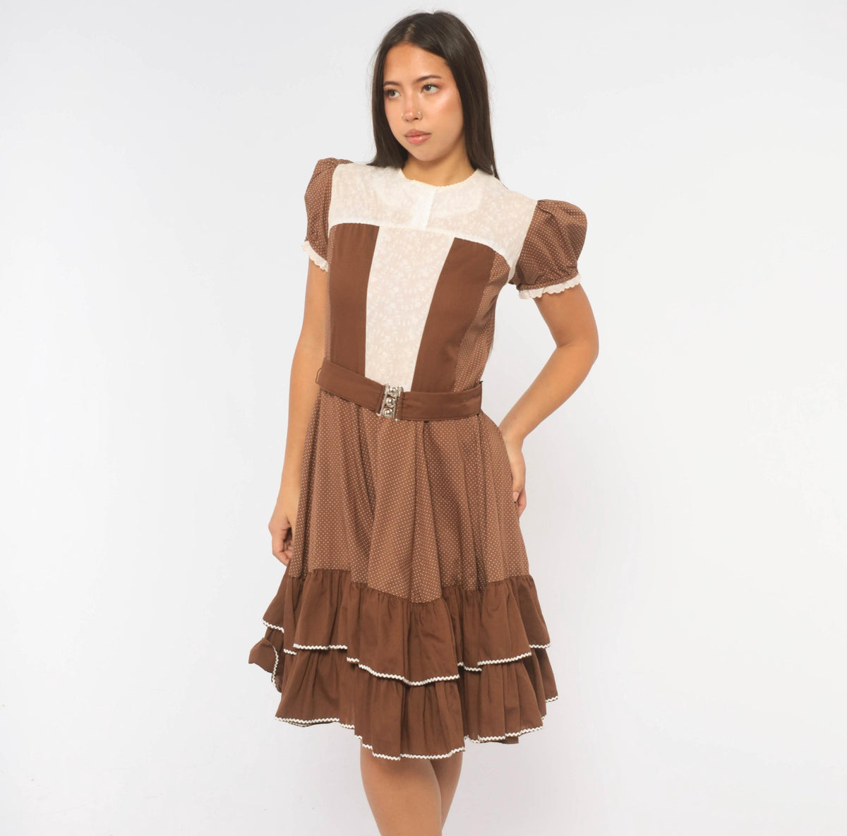 70s Kate Schorer Polka Dot Square Dance Dress Brown White Eyelet Puff Sleeve Medium