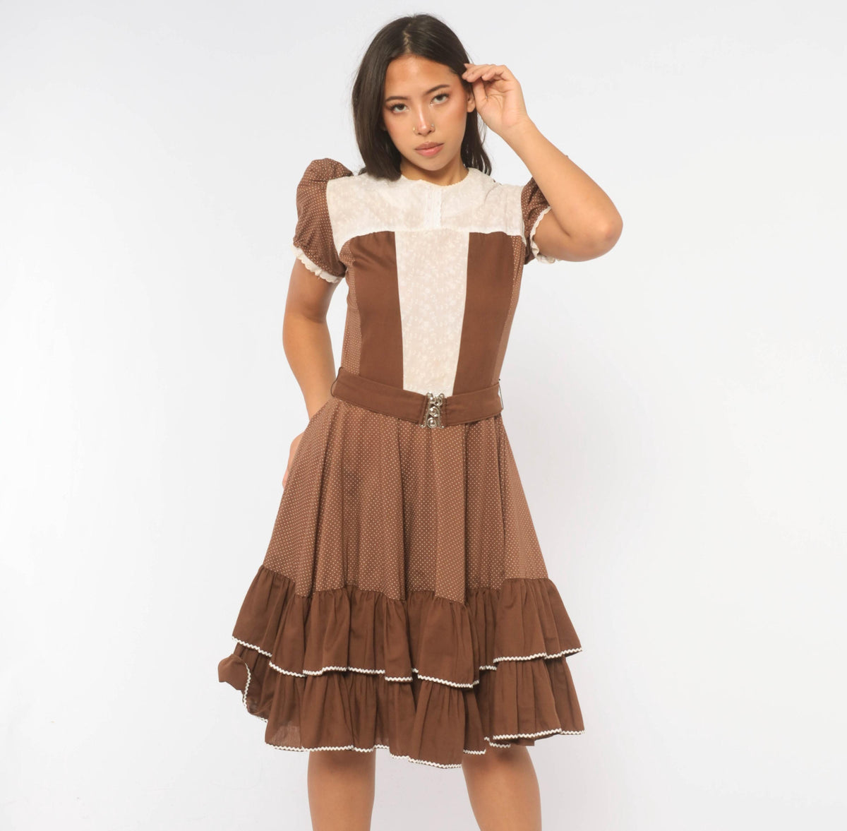 70s Kate Schorer Polka Dot Square Dance Dress Brown White Eyelet Puff Sleeve Medium