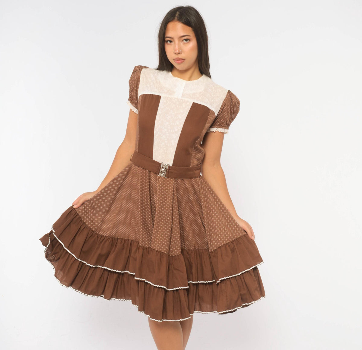 70s Kate Schorer Polka Dot Square Dance Dress Brown White Eyelet Puff Sleeve Medium