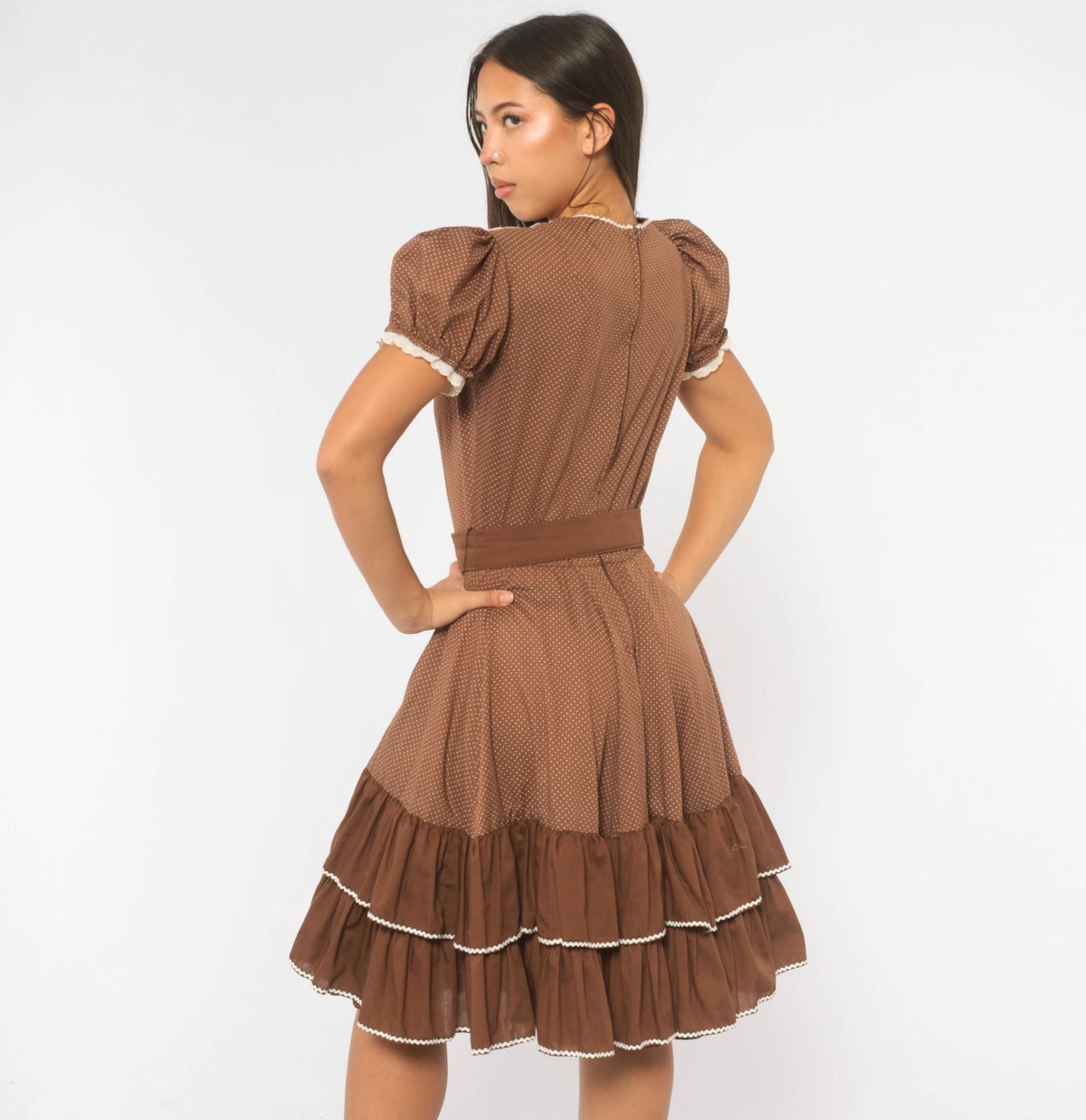 70s Kate Schorer Polka Dot Square Dance Dress Brown White Eyelet Puff Sleeve Medium