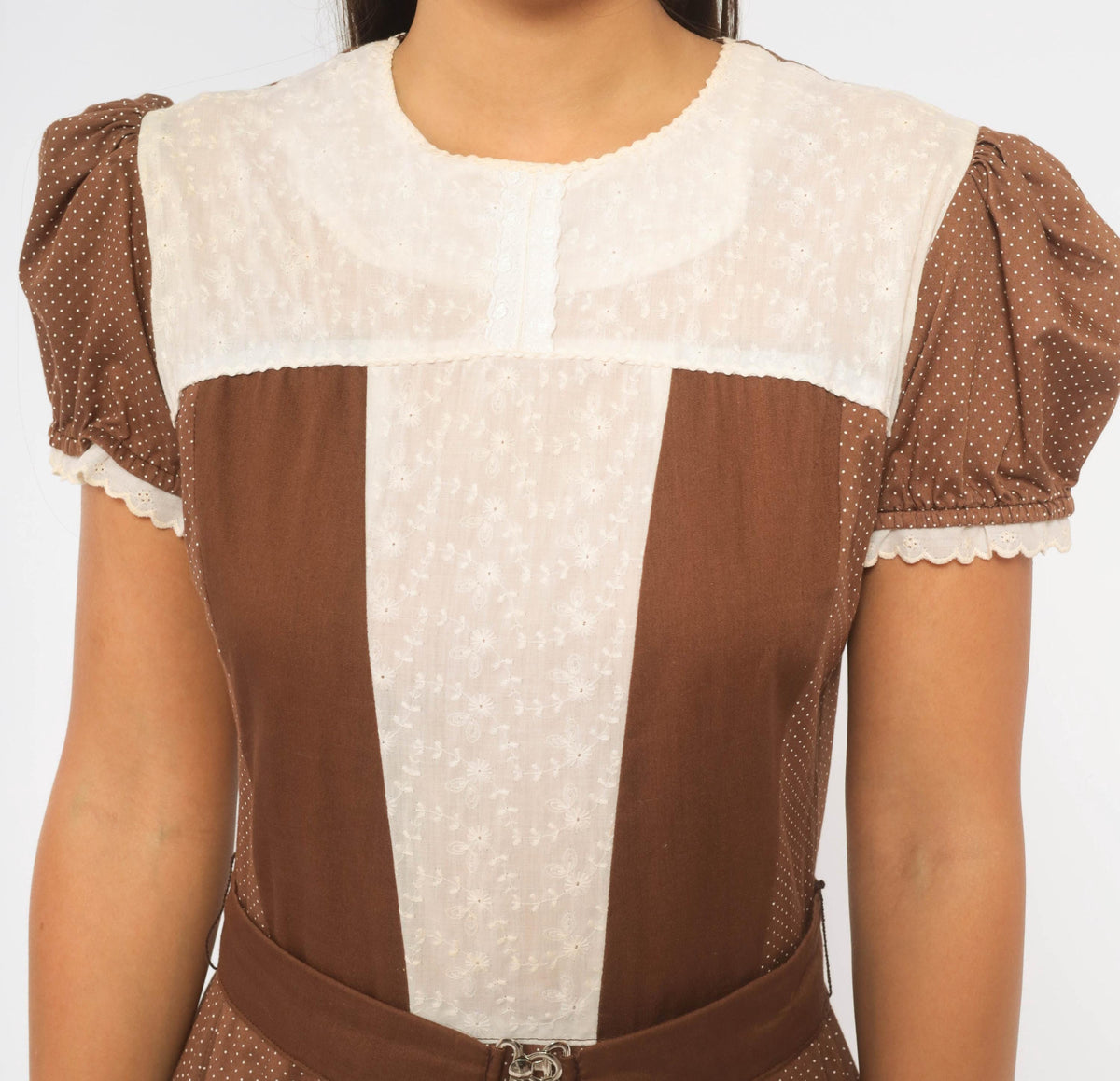 70s Kate Schorer Polka Dot Square Dance Dress Brown White Eyelet Puff Sleeve Medium