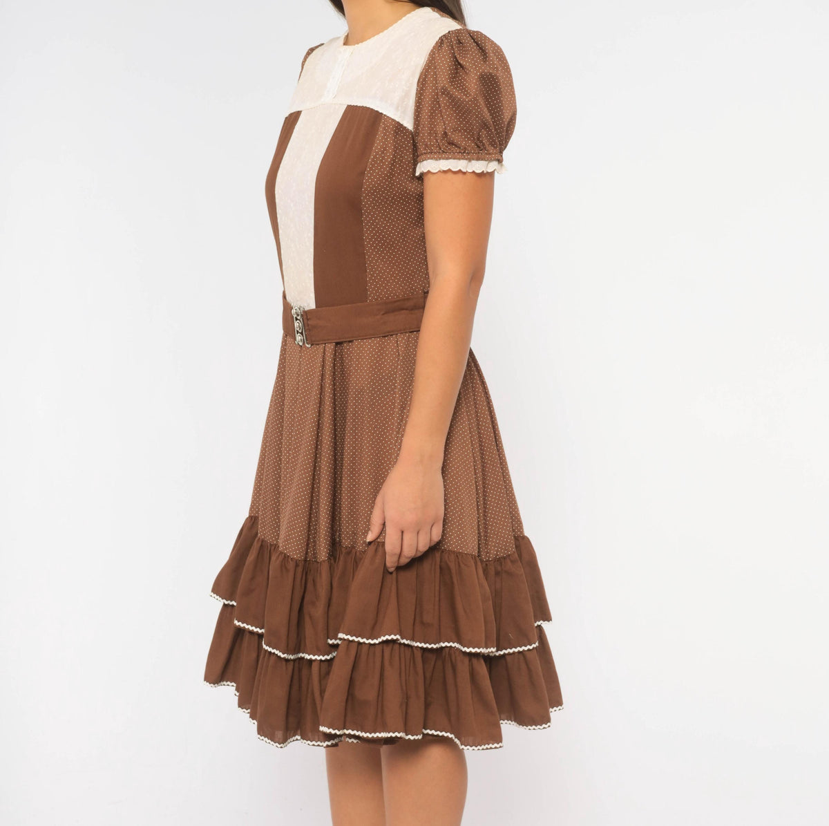 70s Kate Schorer Polka Dot Square Dance Dress Brown White Eyelet Puff Sleeve Medium
