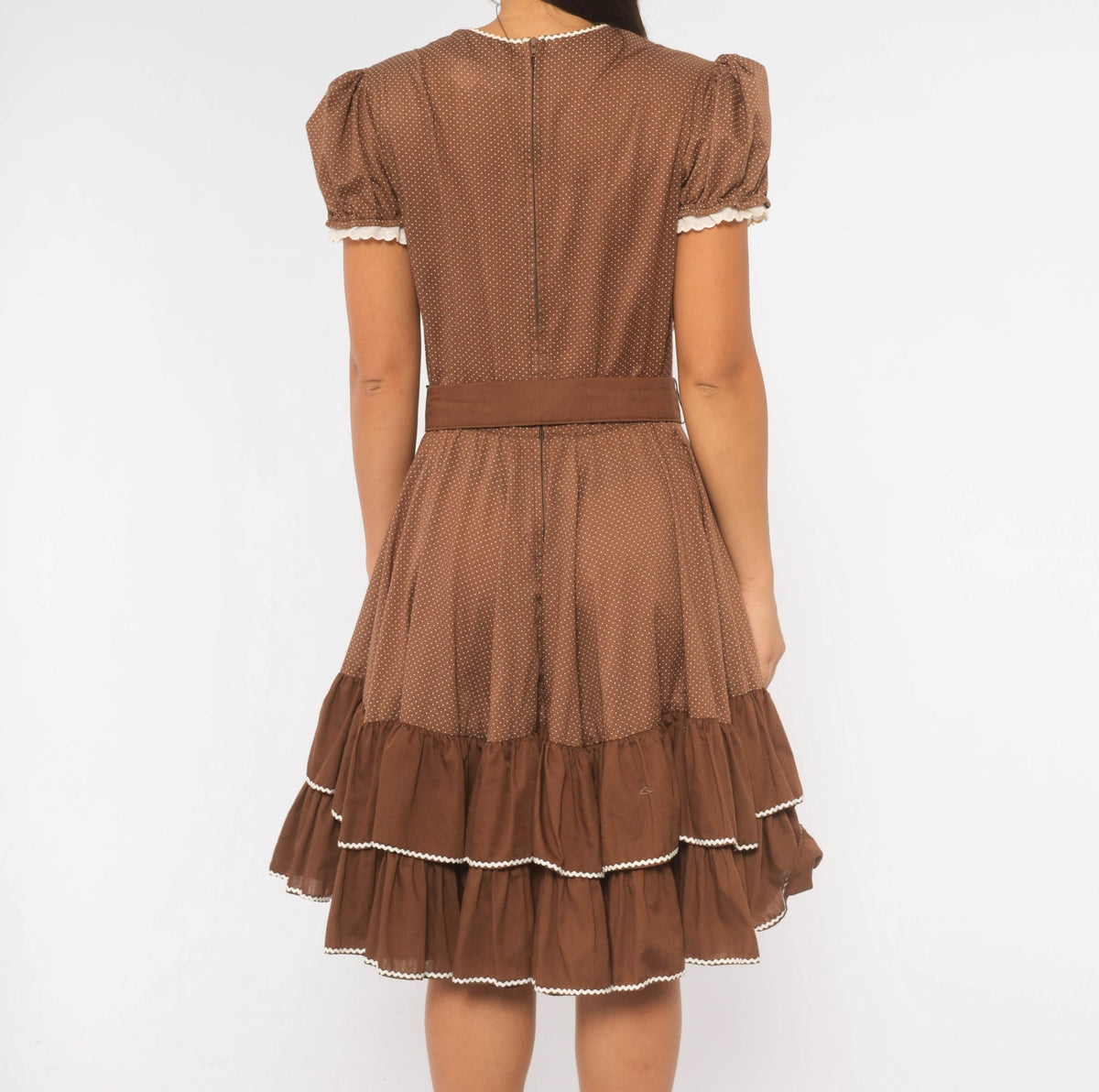 70s Kate Schorer Polka Dot Square Dance Dress Brown White Eyelet Puff Sleeve Medium