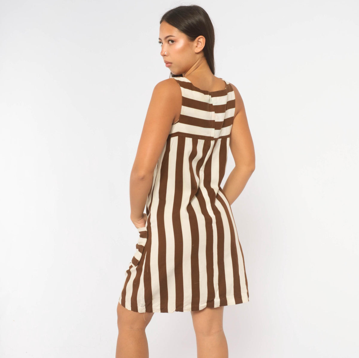 60s Brown Cream Striped Cotton Shift Dress Square Neck Patch Pocket Small