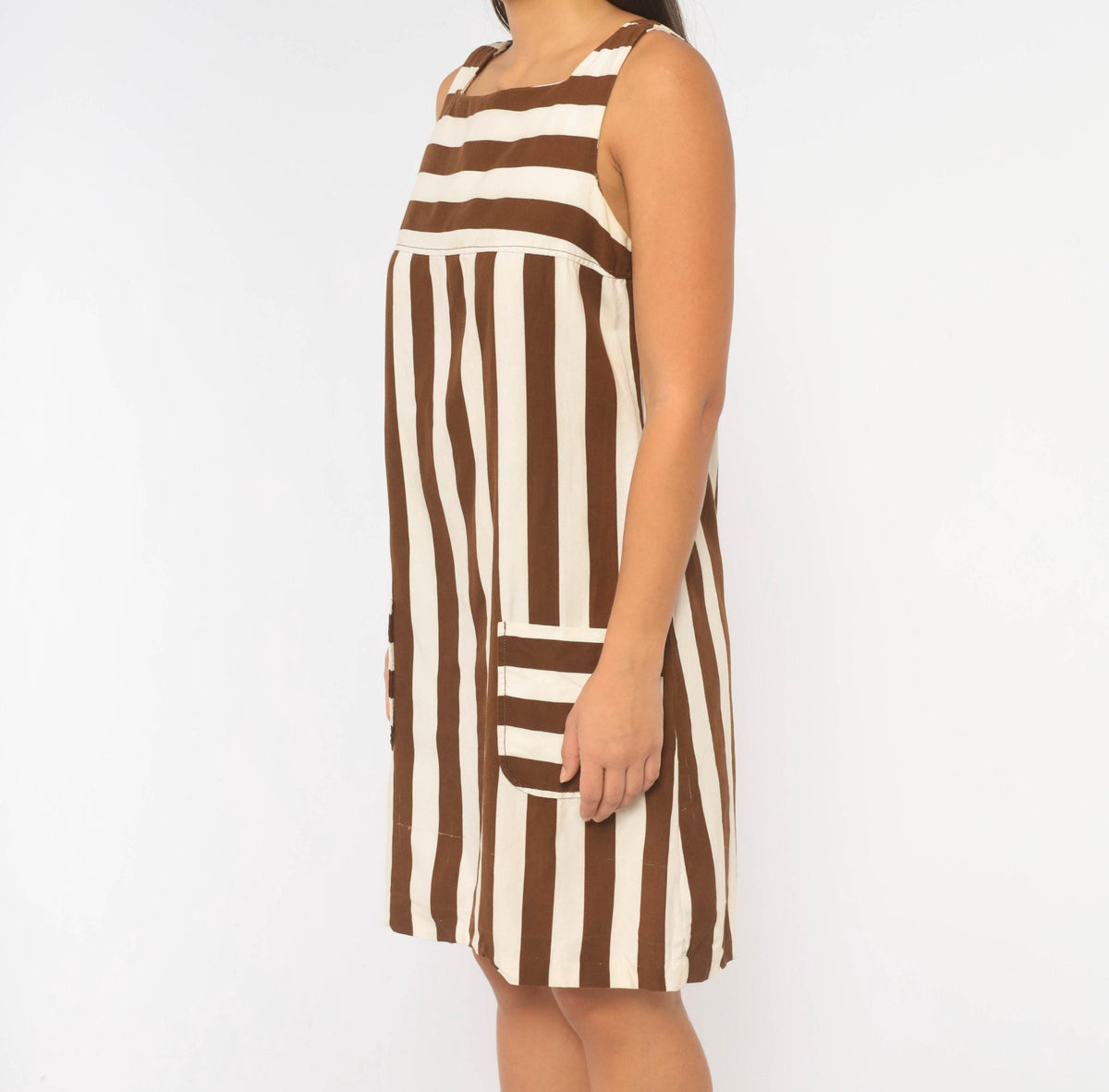 60s Brown Cream Striped Cotton Shift Dress Square Neck Patch Pocket Small
