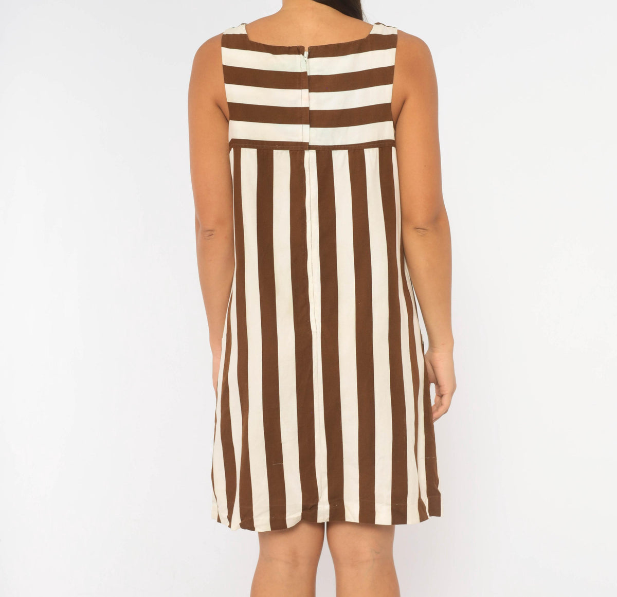 60s Brown Cream Striped Cotton Shift Dress Square Neck Patch Pocket Small