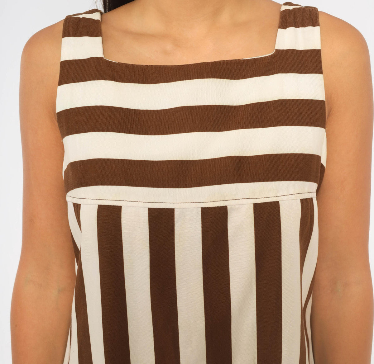 60s Brown Cream Striped Cotton Shift Dress Square Neck Patch Pocket Small
