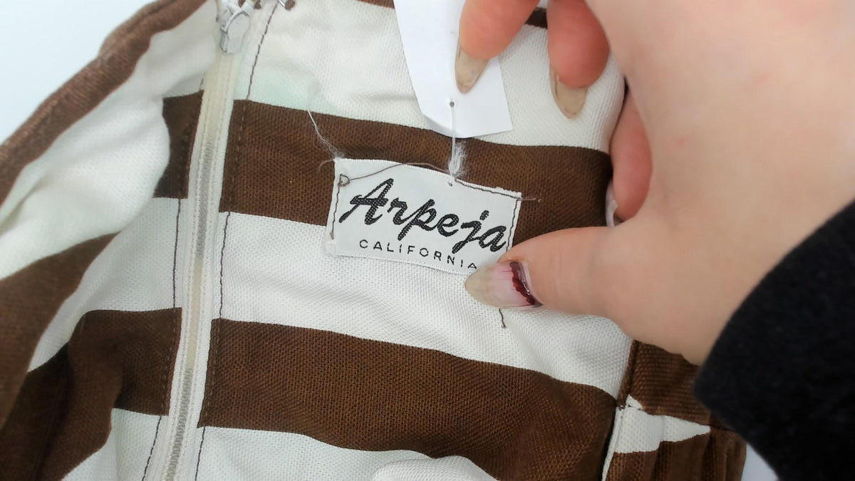 60s Brown Cream Striped Cotton Shift Dress Square Neck Patch Pocket Small