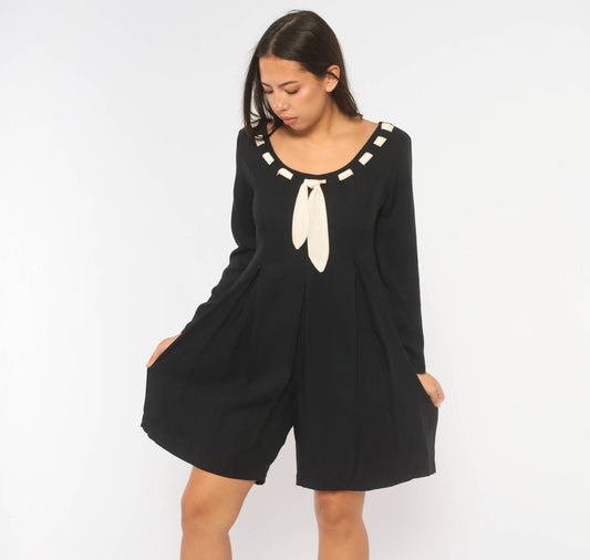 90s Expo Black Romper Cream Ribbon Bow Long Sleeve Pleated Culotte Small S