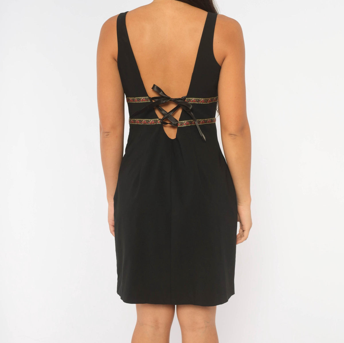 Y2K Express Black Mini Dress Floral Ribbon Tie Back Small S