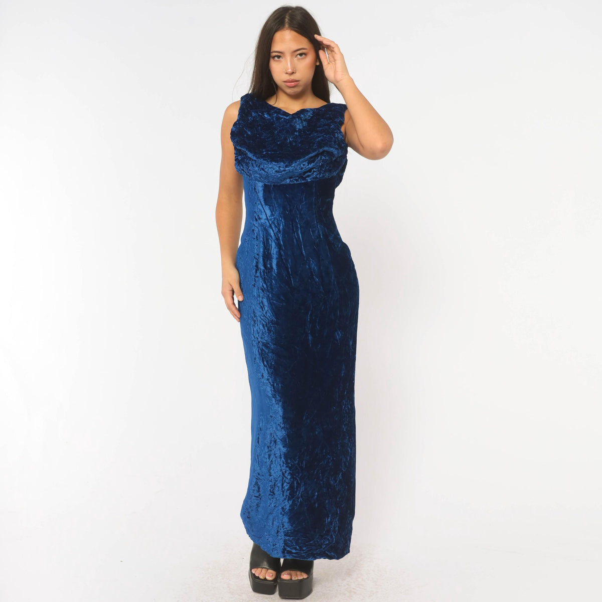 60s Cobalt Crushed Velvet Maxi Dress Daisy Embroidered Cowl Draped Evening Gown Medium M