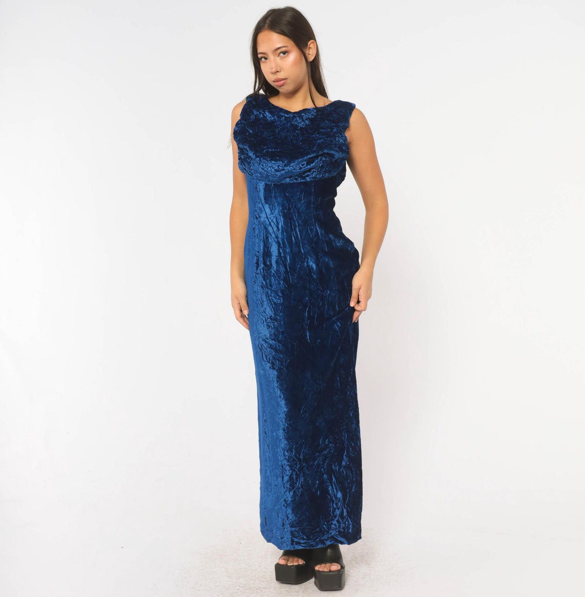 60s Cobalt Crushed Velvet Maxi Dress Daisy Embroidered Cowl Draped Evening Gown Medium M