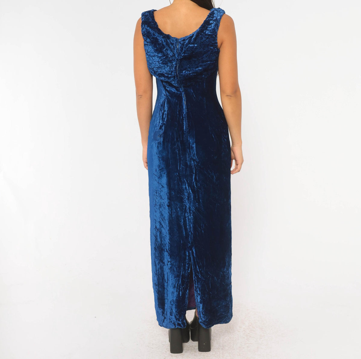 60s Cobalt Crushed Velvet Maxi Dress Daisy Embroidered Cowl Draped Evening Gown Medium M