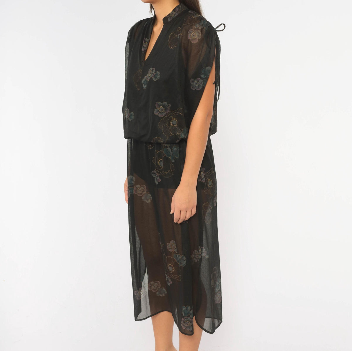 80s Black Chiffon Midi Dress Purple Floral Print V-Neck Cold Shoulder Large L