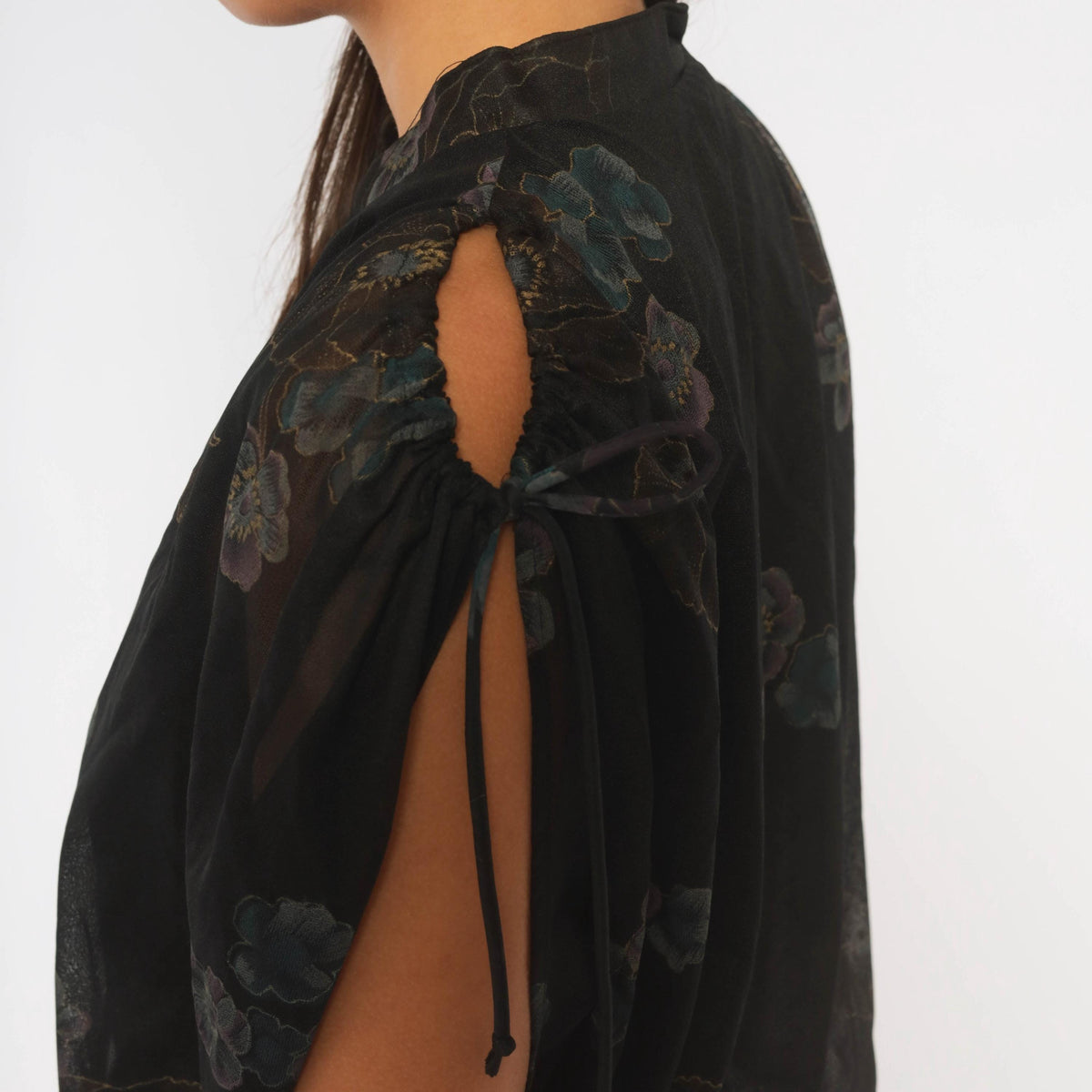 80s Black Chiffon Midi Dress Purple Floral Print V-Neck Cold Shoulder Large L