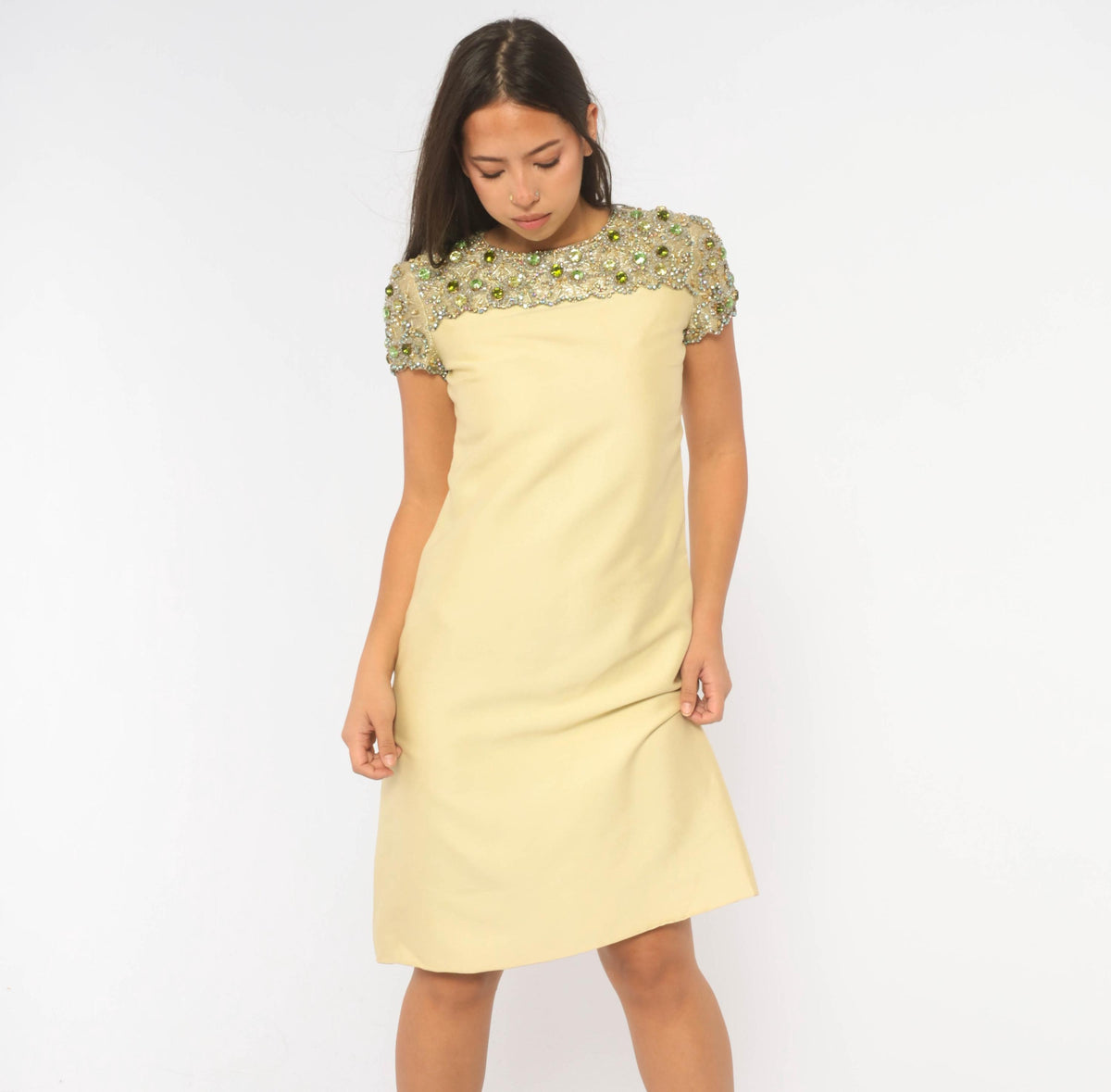 60s Cream Shift Dress Beaded Rhinestone Yoke Scalloped Mod Cocktail Small