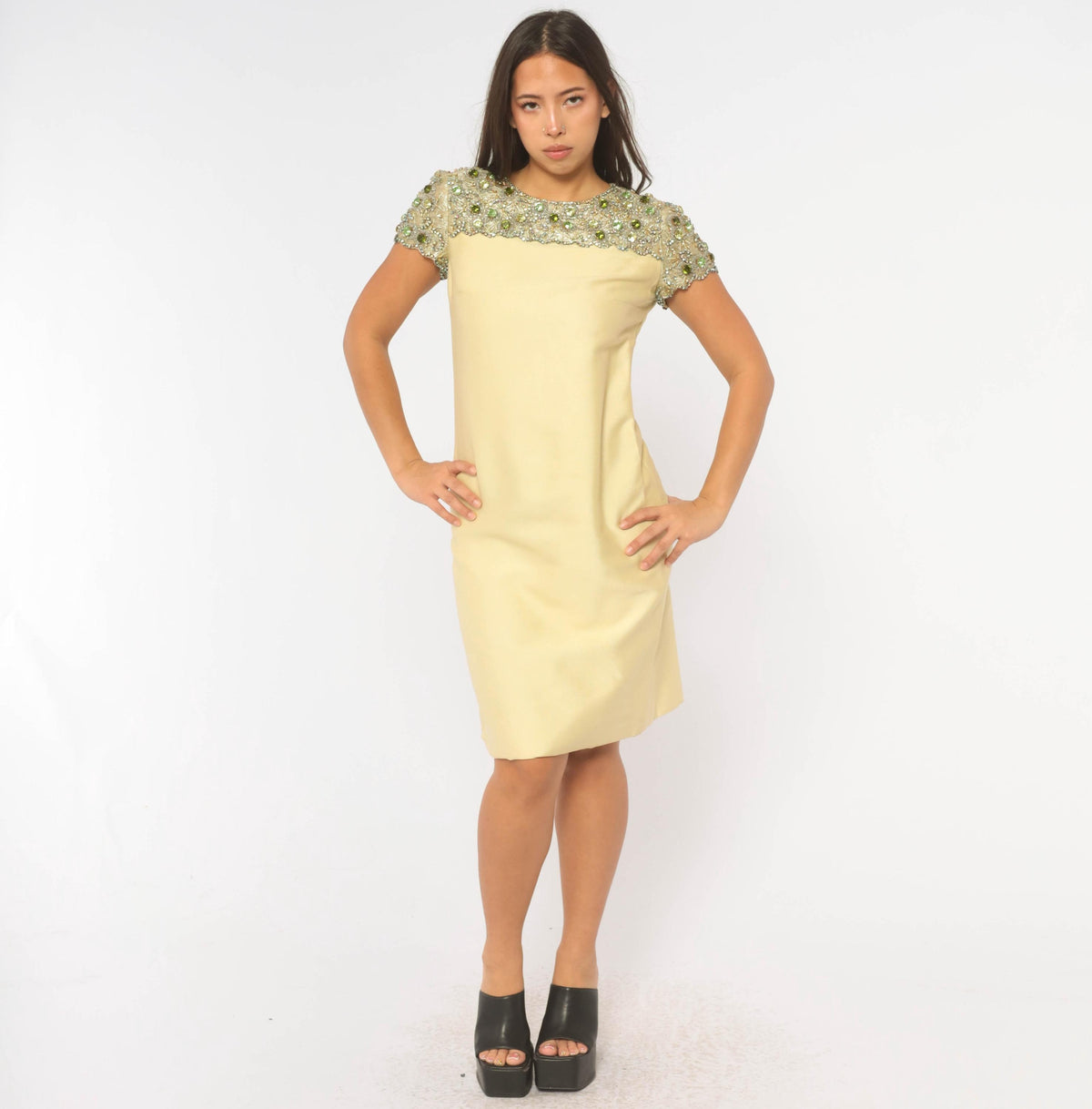 60s Cream Shift Dress Beaded Rhinestone Yoke Scalloped Mod Cocktail Small