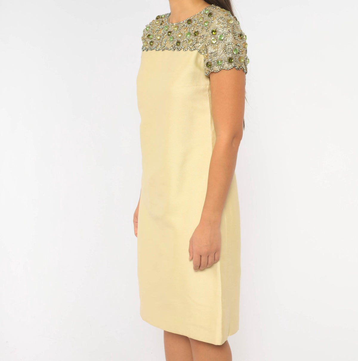 60s Cream Shift Dress Beaded Rhinestone Yoke Scalloped Mod Cocktail Small