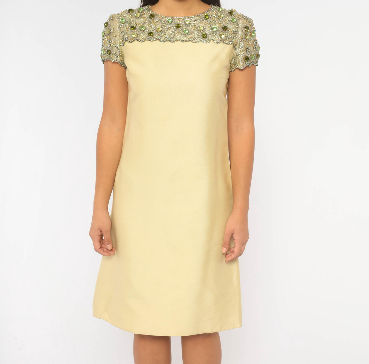 60s Cream Shift Dress Beaded Rhinestone Yoke Scalloped Mod Cocktail Small
