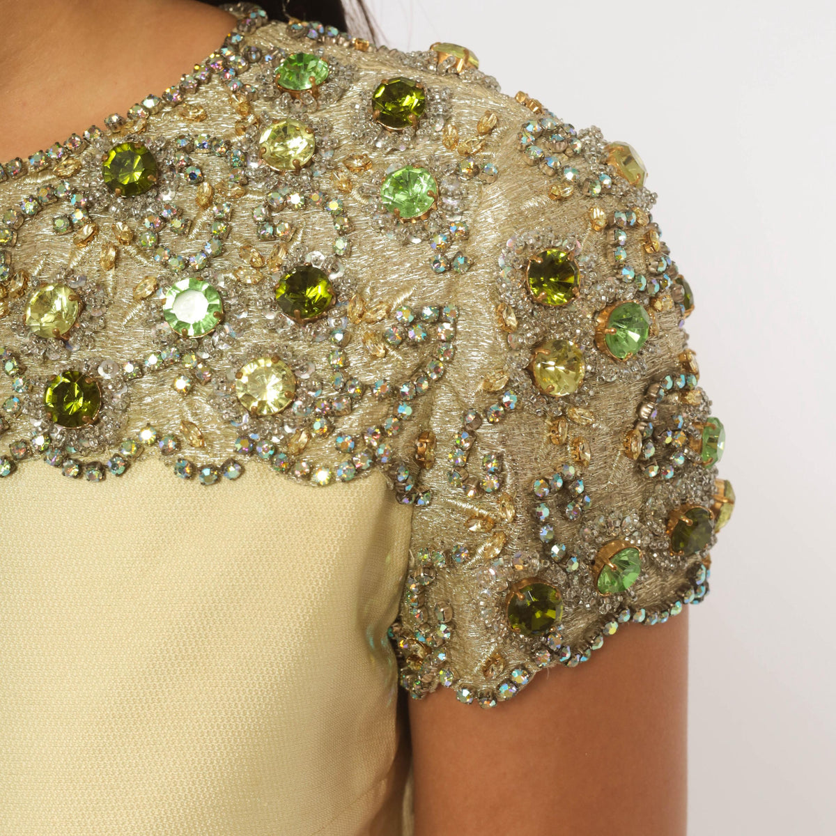 60s Cream Shift Dress Beaded Rhinestone Yoke Scalloped Mod Cocktail Small