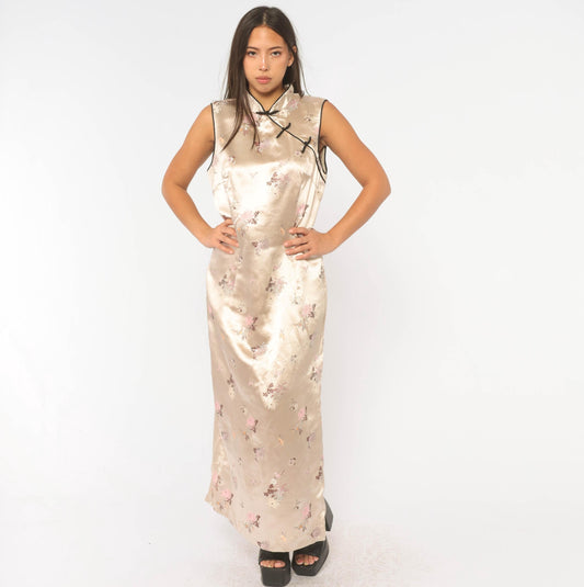 Y2K Robbie Bee Cheongsam Maxi Dress Pink Floral Brocade Mandarin Collar Large L