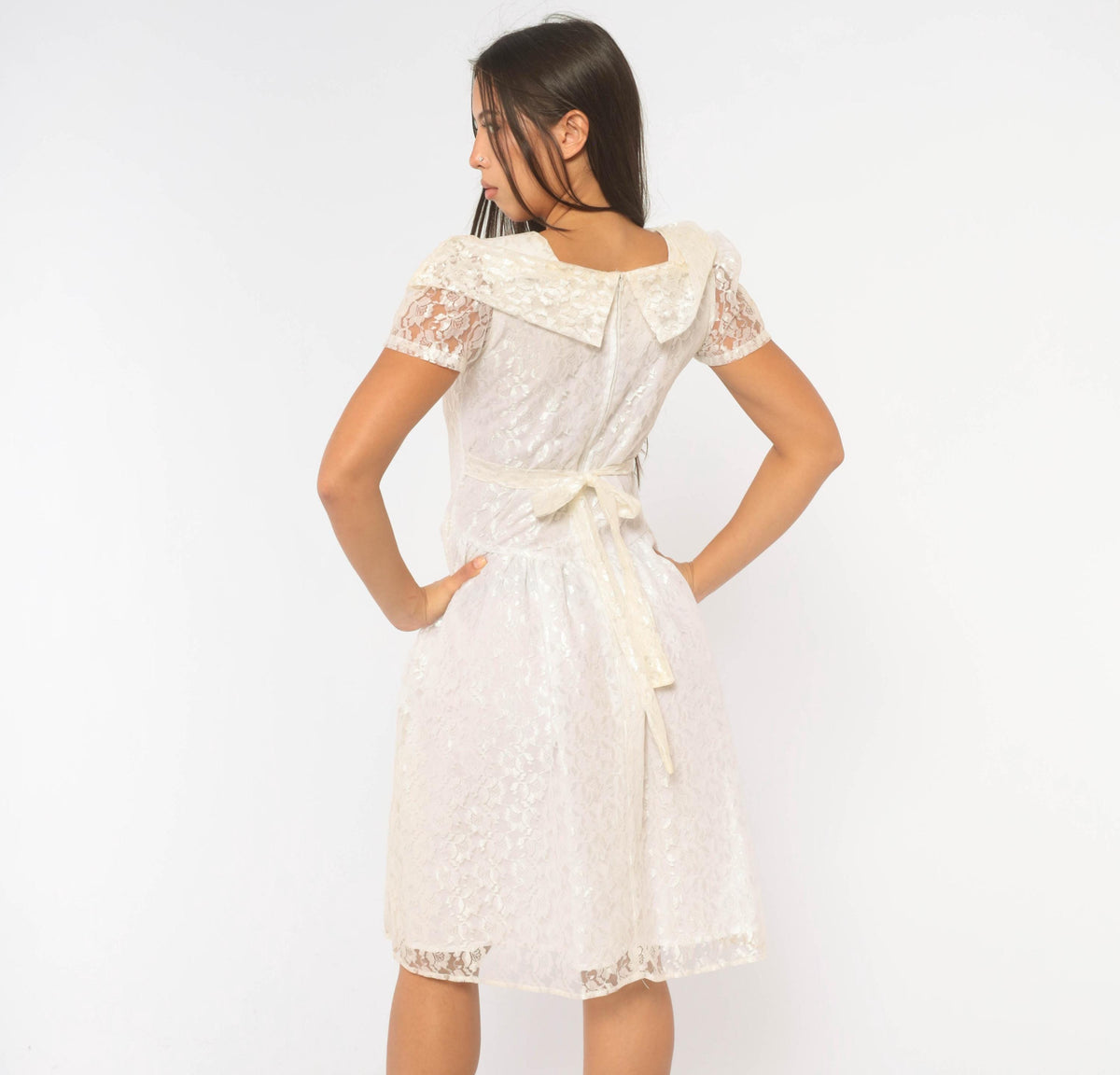 90s Rose Cottage White Lace Dress Square Neck Drop Waist Satin Bow Extra Small XS