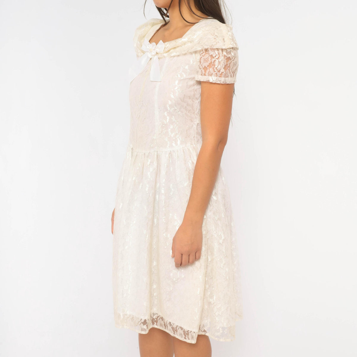 90s Rose Cottage White Lace Dress Square Neck Drop Waist Satin Bow Extra Small XS