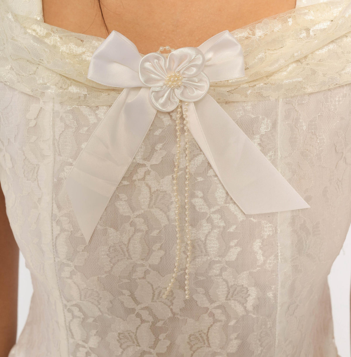 90s Rose Cottage White Lace Dress Square Neck Drop Waist Satin Bow Extra Small XS