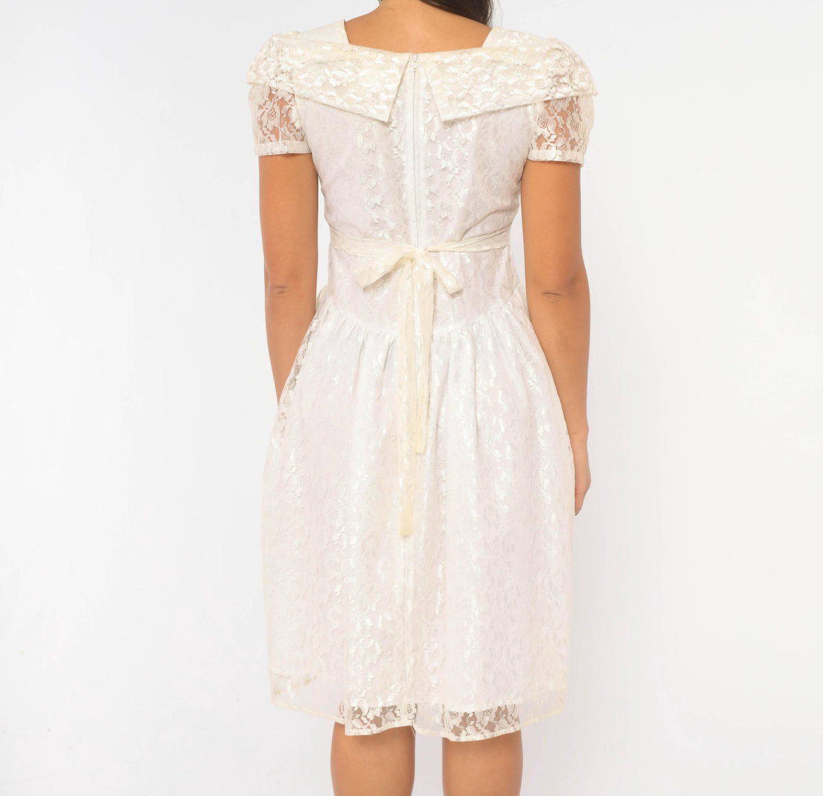 90s Rose Cottage White Lace Dress Square Neck Drop Waist Satin Bow Extra Small XS