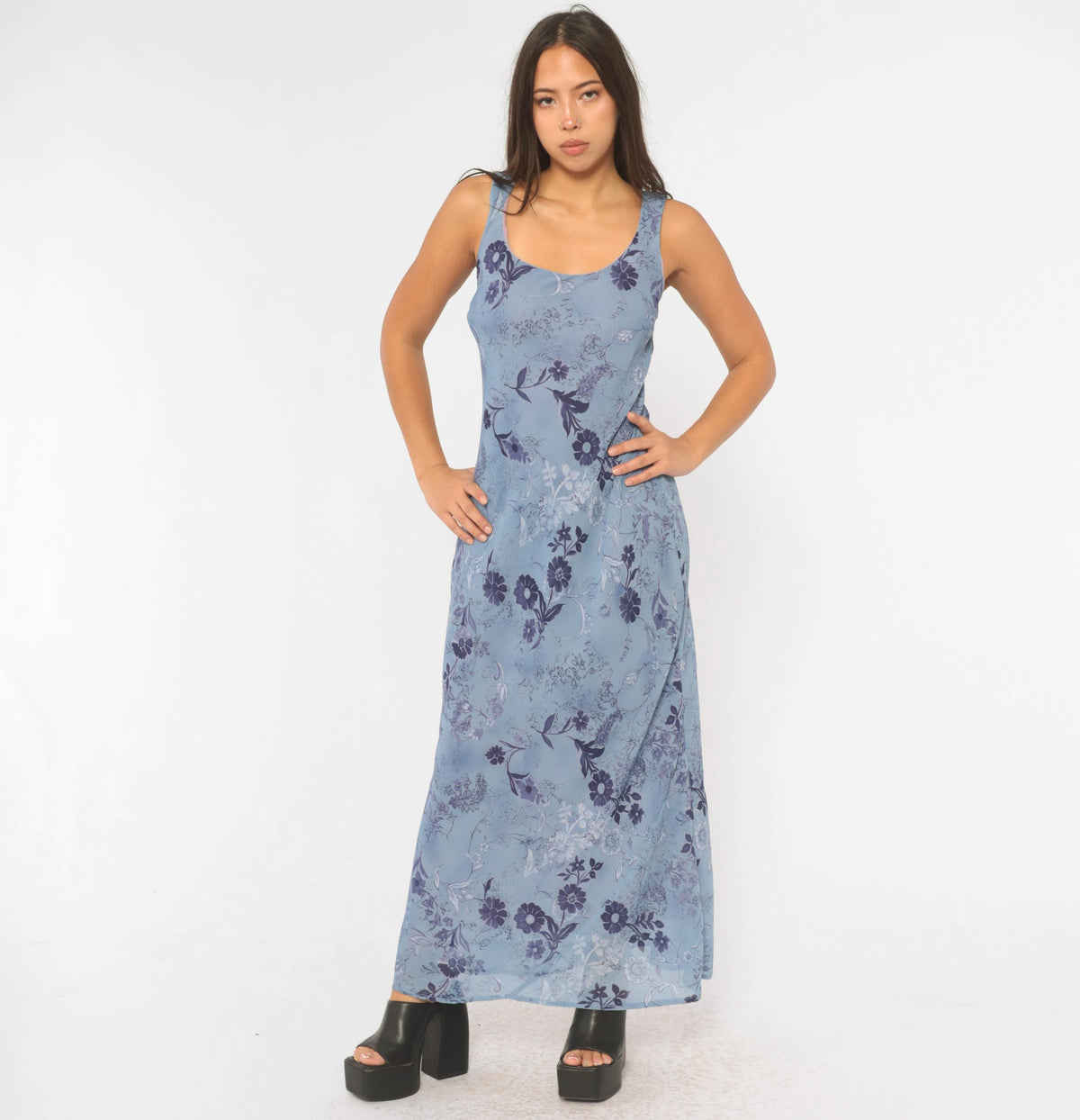 90s All That Jazz Blue Floral Maxi Dress Sleeveless A-Line Small S