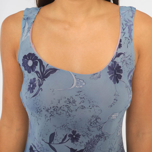 90s All That Jazz Blue Floral Maxi Dress Sleeveless A-Line Small S