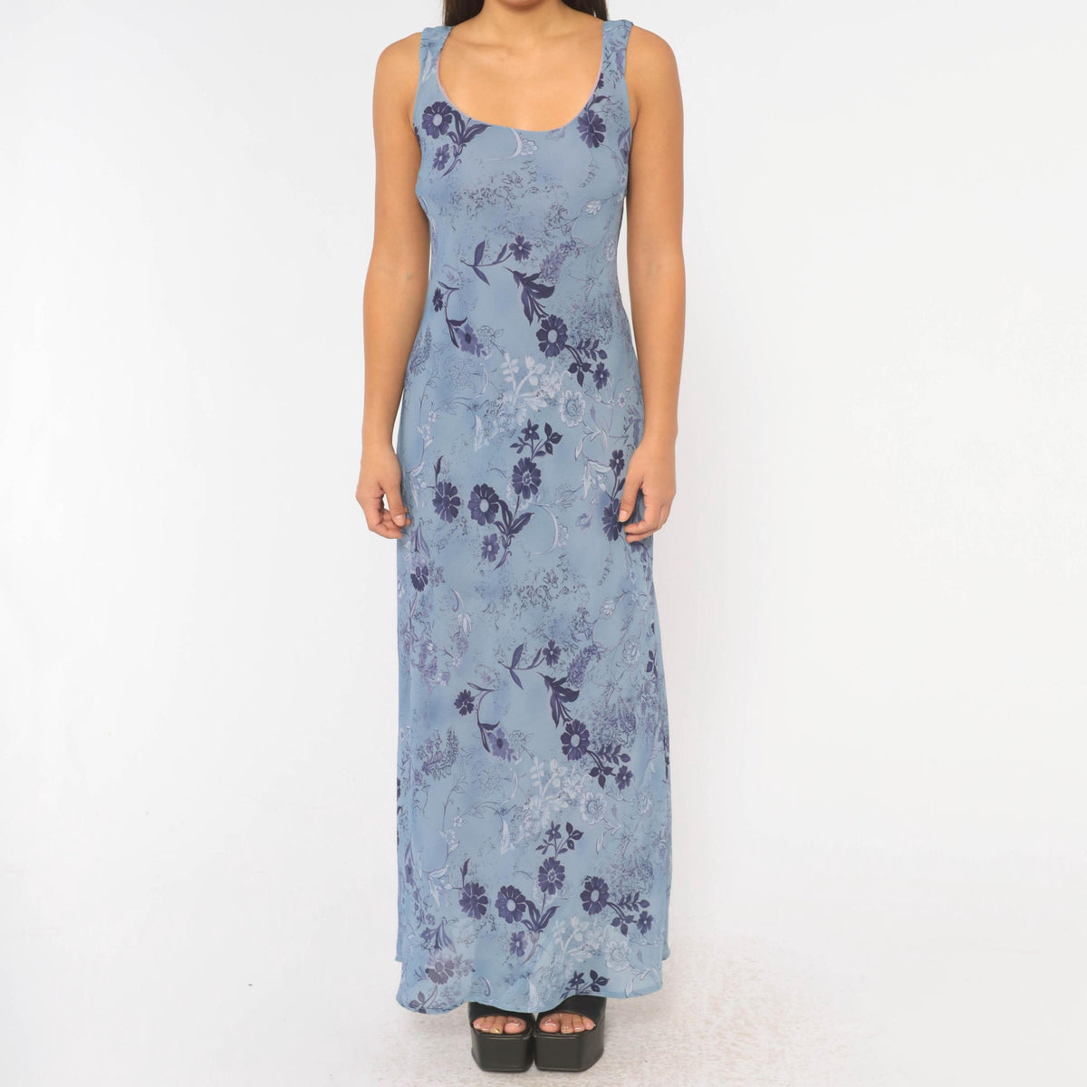 90s All That Jazz Blue Floral Maxi Dress Sleeveless A-Line Small S