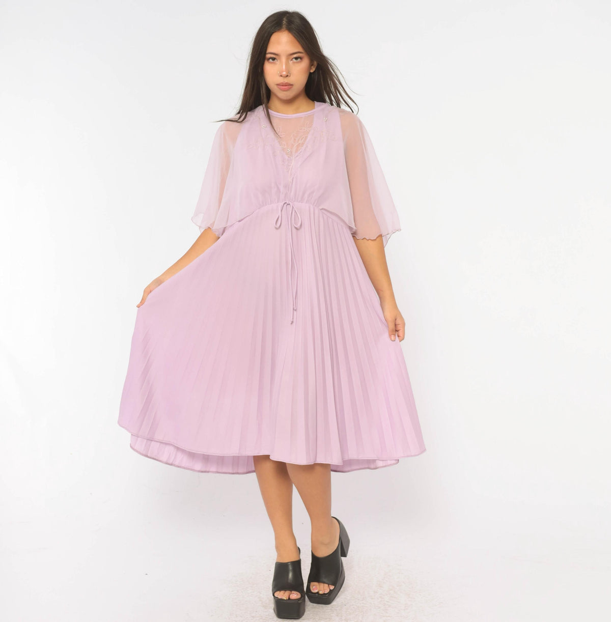 70s Lavender Midi Dress Cape Sleeve Embroidered Floral Pearl Beads Large L