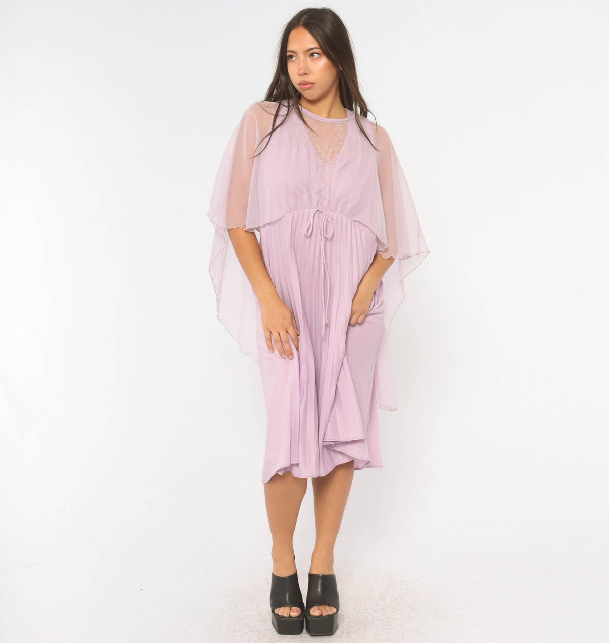 70s Lavender Midi Dress Cape Sleeve Embroidered Floral Pearl Beads Large L