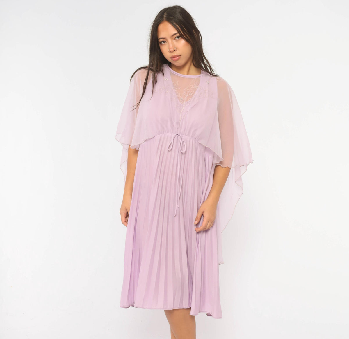 70s Lavender Midi Dress Cape Sleeve Embroidered Floral Pearl Beads Large L