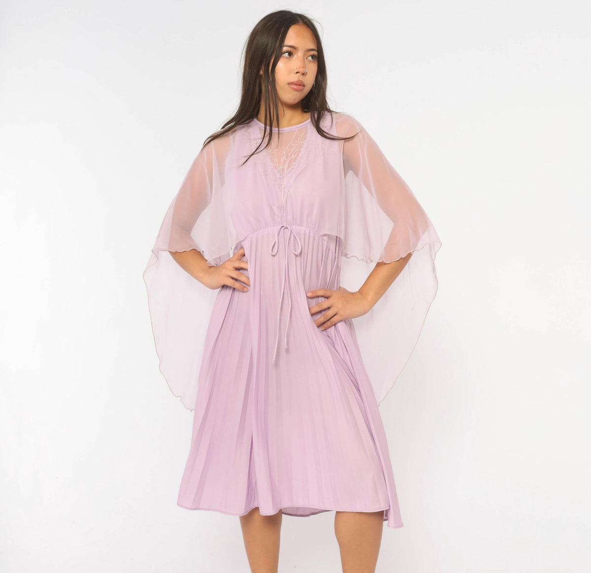 70s Lavender Midi Dress Cape Sleeve Embroidered Floral Pearl Beads Large L