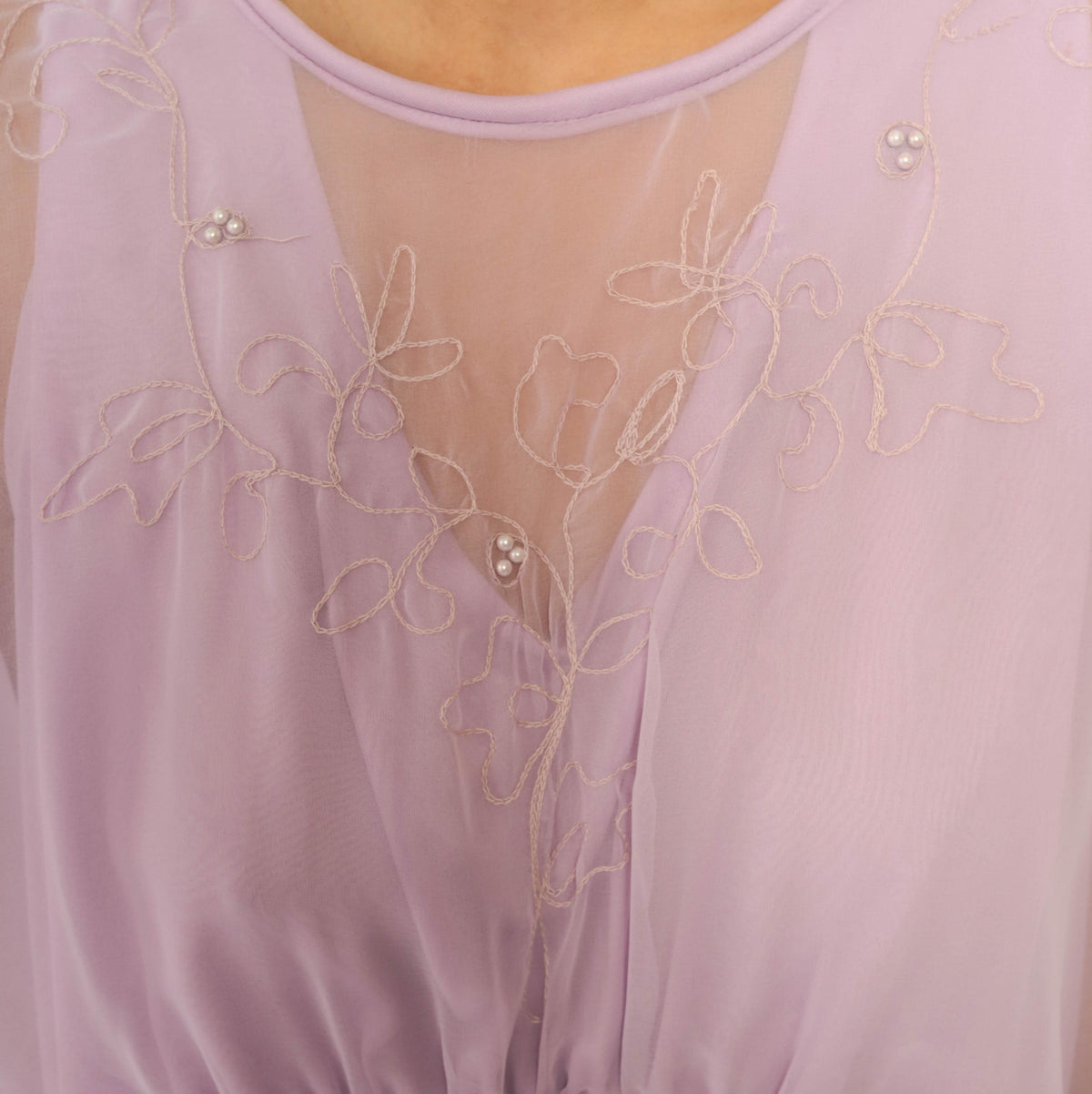 70s Lavender Midi Dress Cape Sleeve Embroidered Floral Pearl Beads Large L
