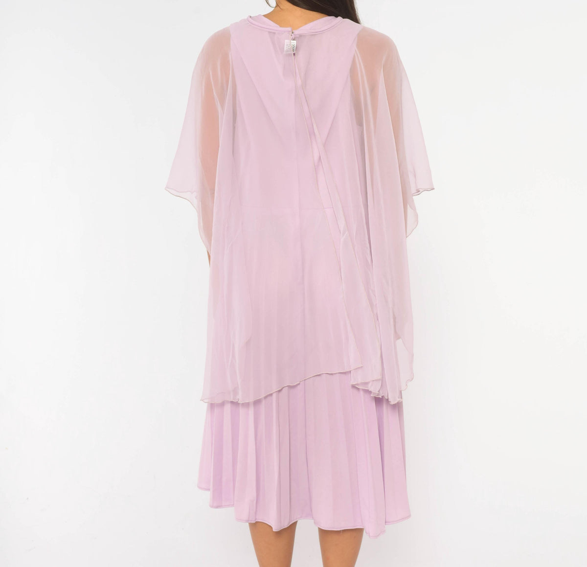 70s Lavender Midi Dress Cape Sleeve Embroidered Floral Pearl Beads Large L