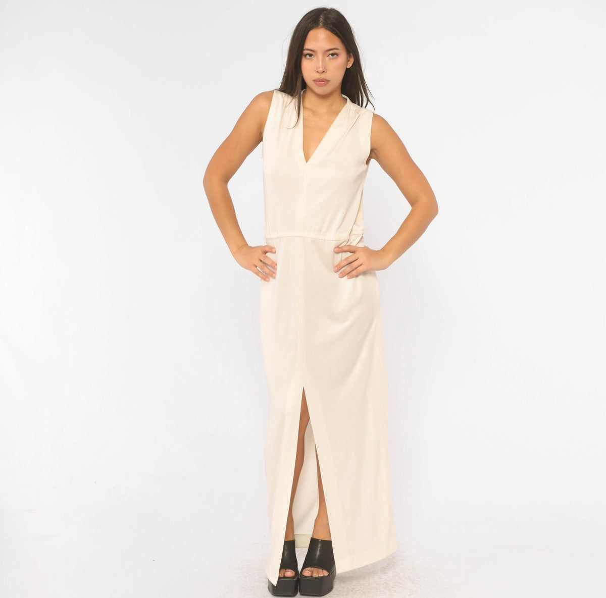 70s Victor Costa Cream Maxi Dress Deep V Neck Drop Waist Front Slit Medium